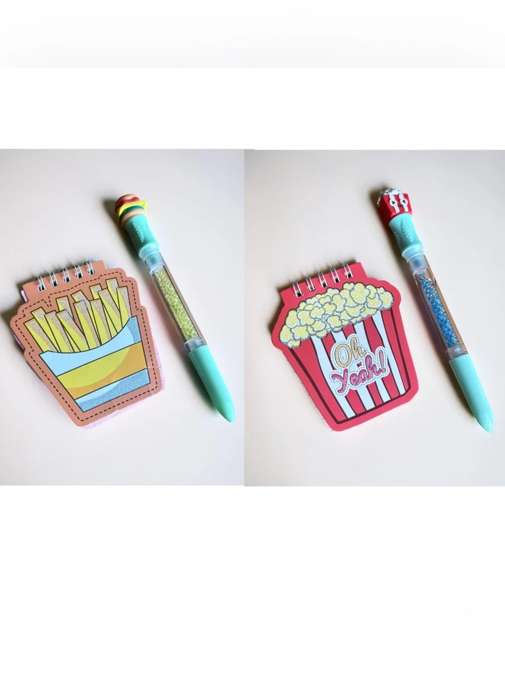 Fries and Popcorn Mini Notepads with Aqua Glitter Pens
